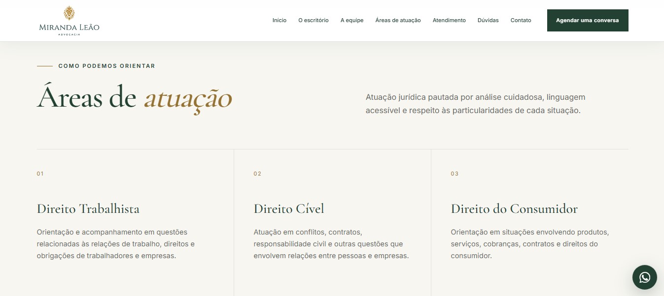Screenshot em desktop do site Miranda Leão Advocacia, mostrando a seção de áreas de atuação.